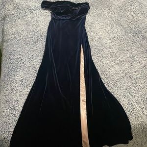 Off the shoulder, blue, long, leg slit dress.